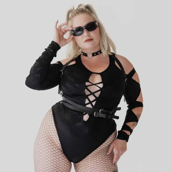 Nightfall Voltage — Black Cut-Out Bodysuit (Padded + Snap Crotch)